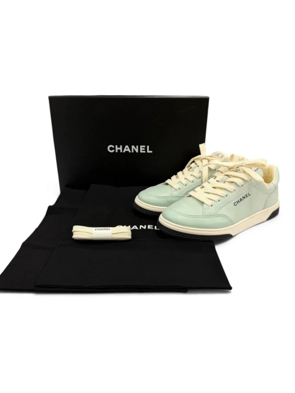Chanel 24K Logo Lace Up Leather Low Cut Sneakers Mint Green